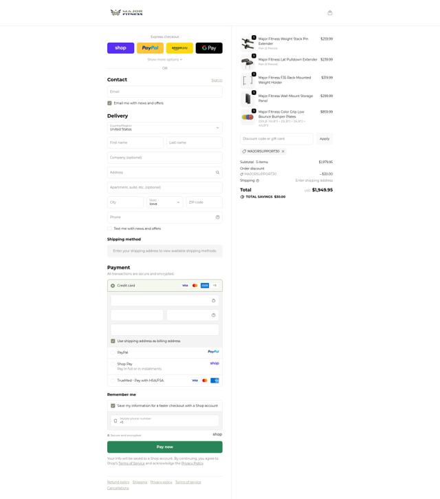 MAJOR FITNESS checkout page showing MAJOR FITNESS discount code box | Screenshot taken by SimplyCodes community member on Oct 1, 2025