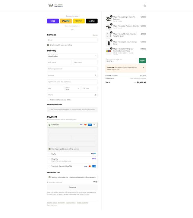 MAJOR FITNESS checkout page showing MAJOR FITNESS discount code box | Screenshot taken by SimplyCodes community member on Oct 1, 2025