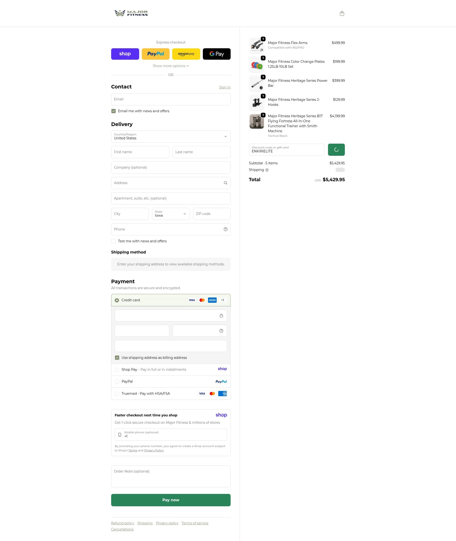 MAJOR FITNESS checkout page showing MAJOR FITNESS discount code box | Screenshot taken by SimplyCodes community member on Jan 15, 2026