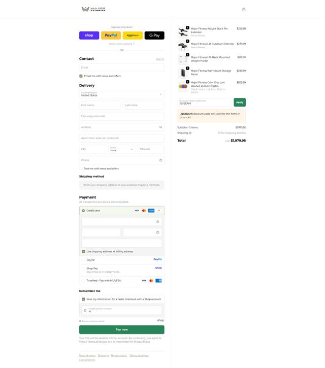 MAJOR FITNESS checkout page showing MAJOR FITNESS discount code box | Screenshot taken by SimplyCodes community member on Sep 19, 2025