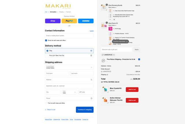 Makari De Suisse checkout page showing Makari De Suisse discount code box | Screenshot taken by SimplyCodes community member on Sep 13, 2025