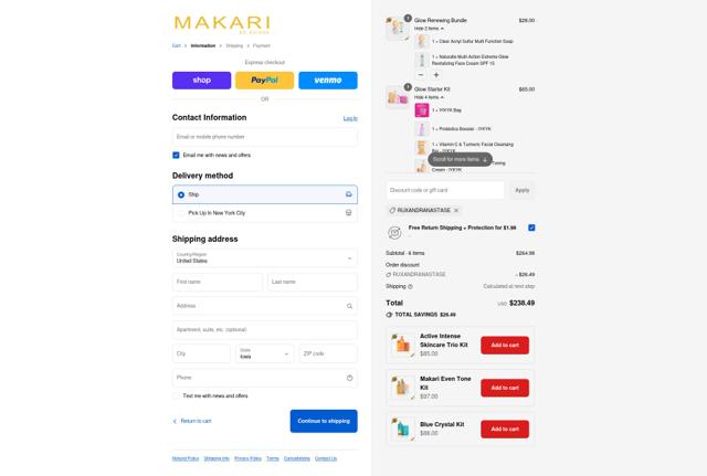 Makari De Suisse checkout page showing Makari De Suisse discount code box | Screenshot taken by SimplyCodes community member on Sep 13, 2025
