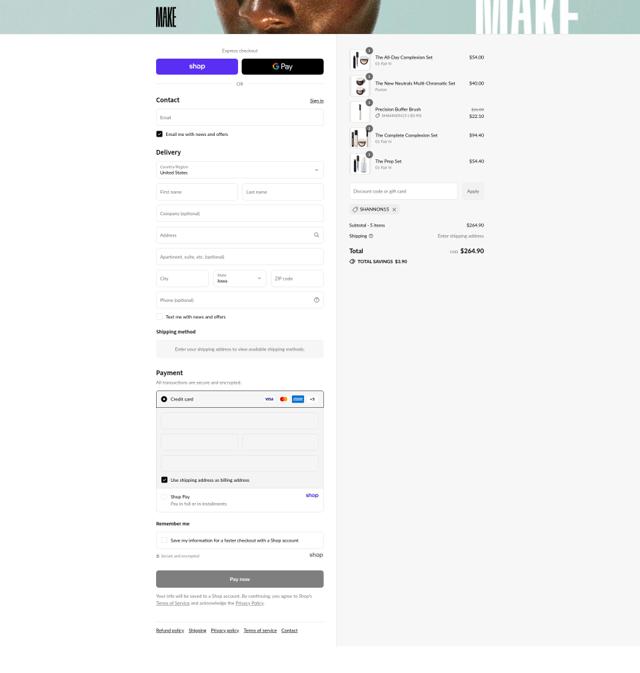 MAKE Beauty checkout page showing MAKE Beauty discount code box | Screenshot taken by SimplyCodes community member on Sep 12, 2025