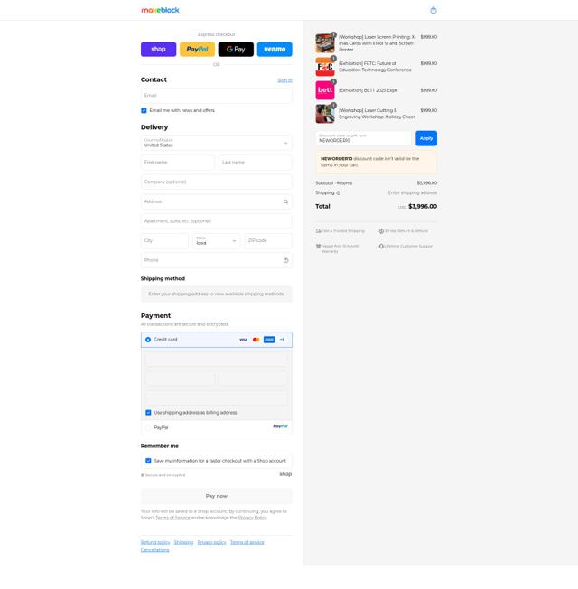 Makeblock checkout page showing Makeblock discount code box | Screenshot taken by SimplyCodes community member on Sep 14, 2025