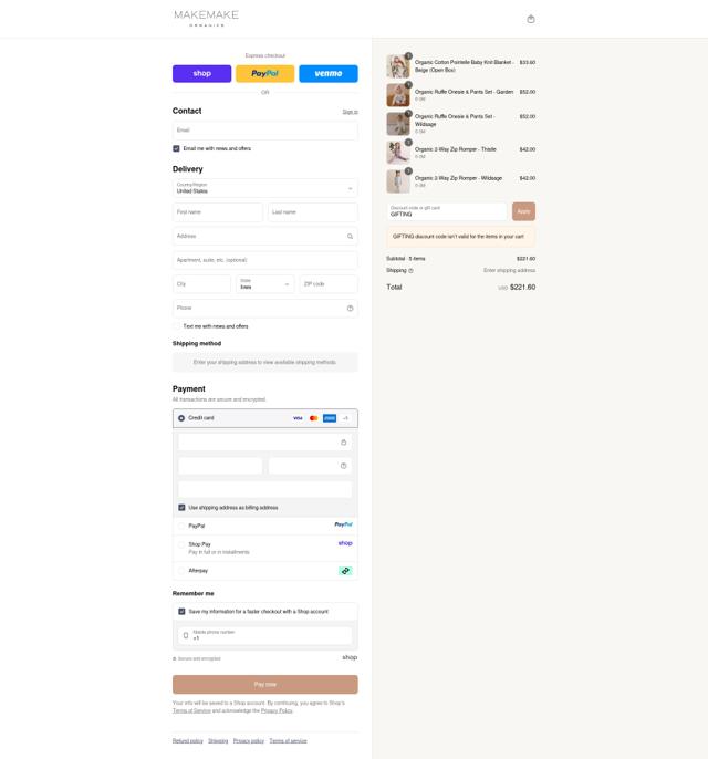 MakeMake Organics checkout page showing MakeMake Organics coupon code box | Screenshot taken by SimplyCodes community member on Sep 16, 2025