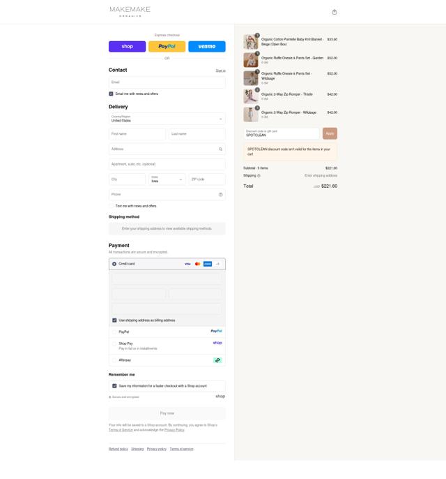 MakeMake Organics checkout page showing MakeMake Organics coupon code box | Screenshot taken by SimplyCodes community member on Sep 16, 2025