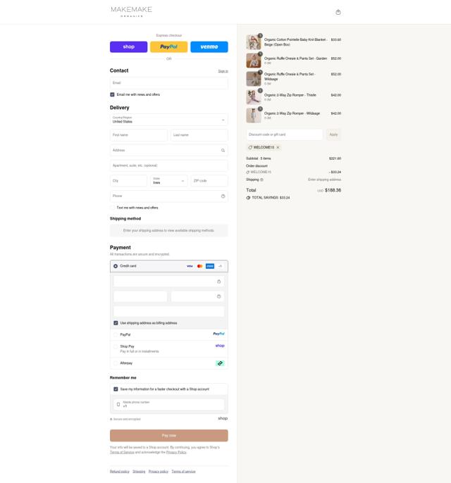 MakeMake Organics checkout page showing MakeMake Organics coupon code box | Screenshot taken by SimplyCodes community member on Sep 16, 2025