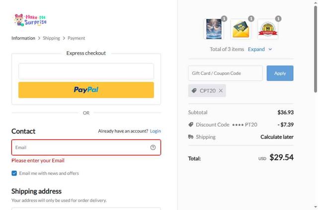 Make Me Surprise checkout page showing Make Me Surprise coupon code box | Screenshot taken by SimplyCodes community member on Sep 8, 2025