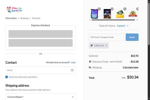 Make Me Surprise checkout page showing Make Me Surprise coupon code box | Screenshot taken by SimplyCodes community member on Aug 25, 2025