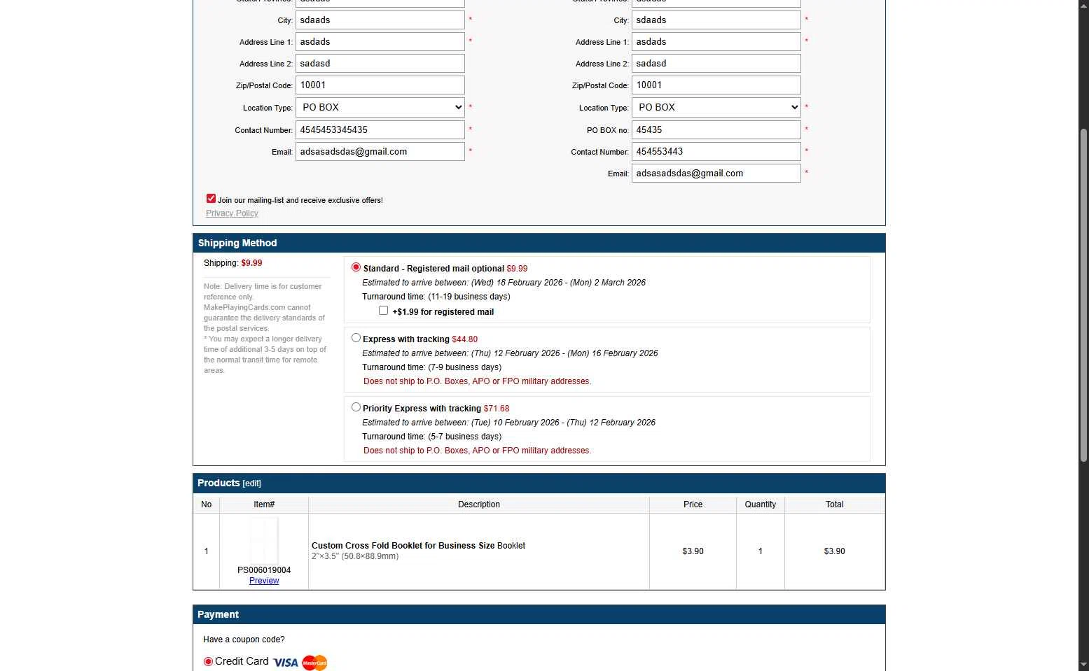 Make Playing Cards checkout page showing Make Playing Cards coupon code box | Screenshot taken by SimplyCodes community member on Feb 3, 2026