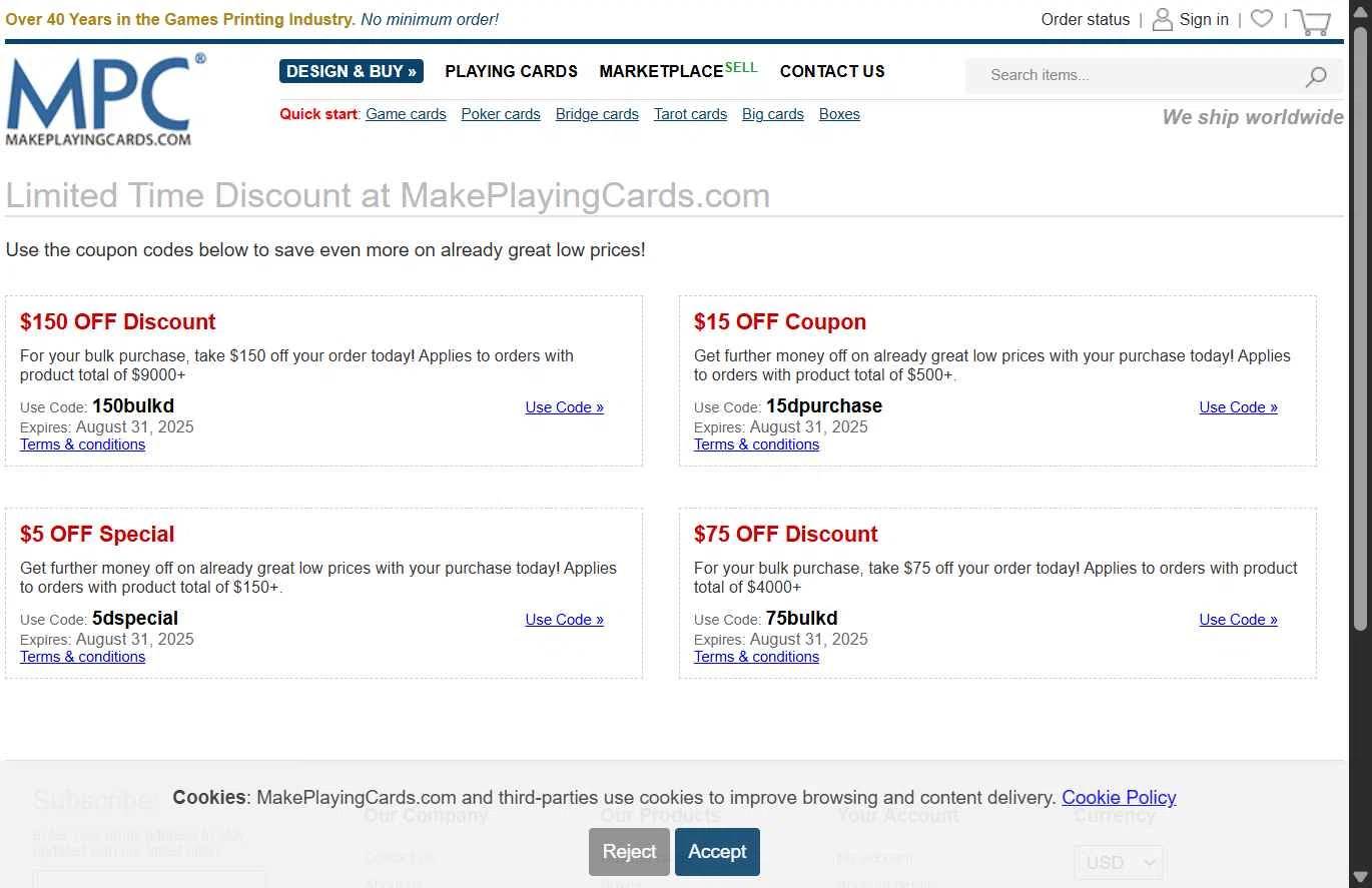 Make Playing Cards checkout page showing Make Playing Cards coupon code box | Screenshot taken by SimplyCodes community member on Aug 9, 2025