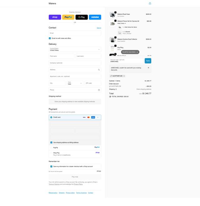 Makera checkout page showing Makera discount code box | Screenshot taken by SimplyCodes community member on Oct 5, 2025