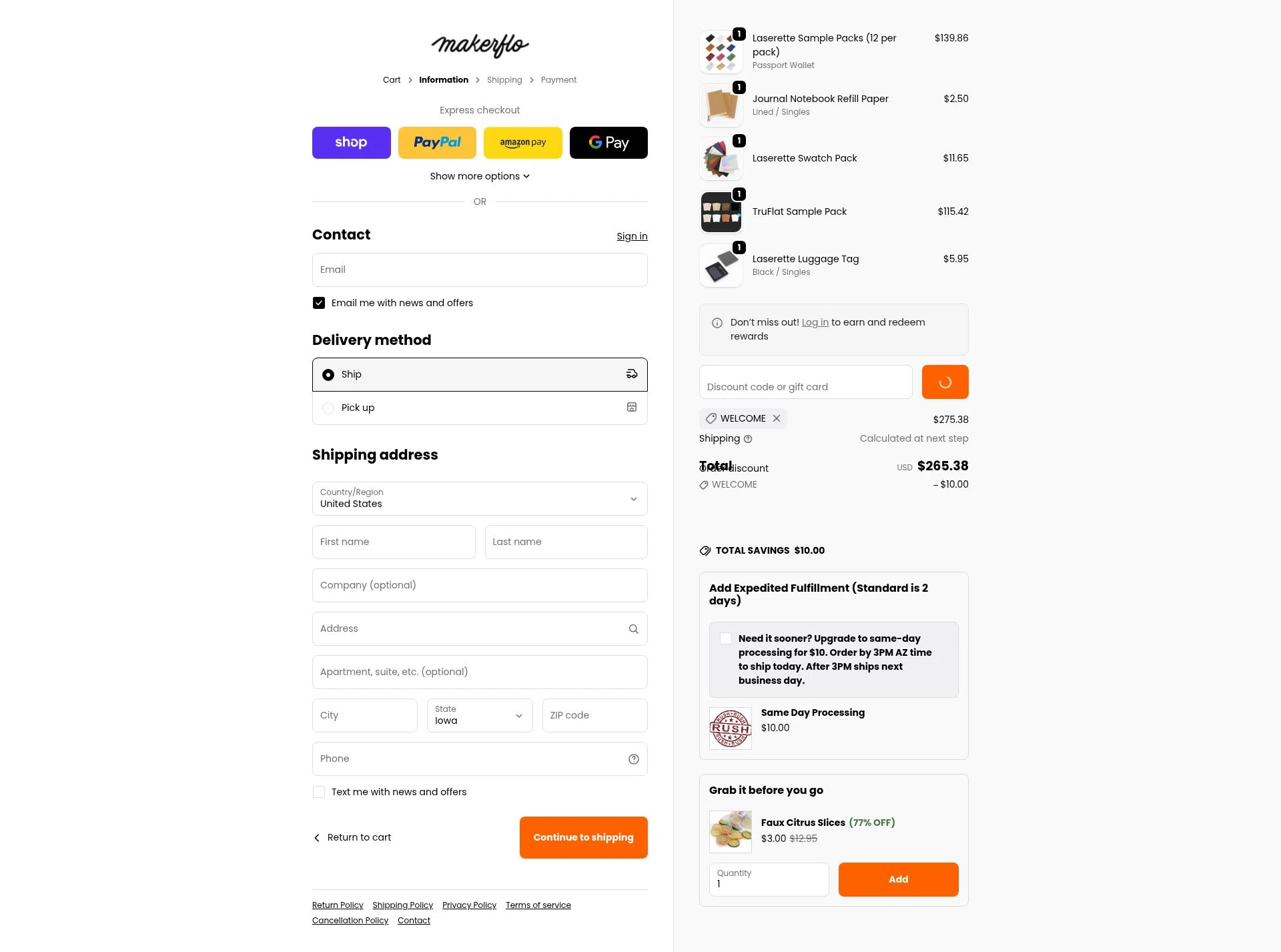 MakerFlo Crafts checkout page showing MakerFlo Crafts discount code box | Screenshot taken by SimplyCodes community member on Feb 1, 2026