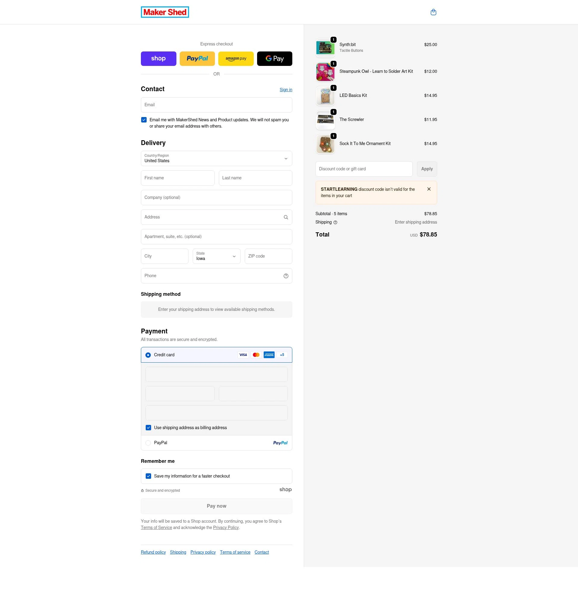 Maker Shed checkout page showing Maker Shed promo code box | Screenshot taken by SimplyCodes community member on Jan 1, 2026