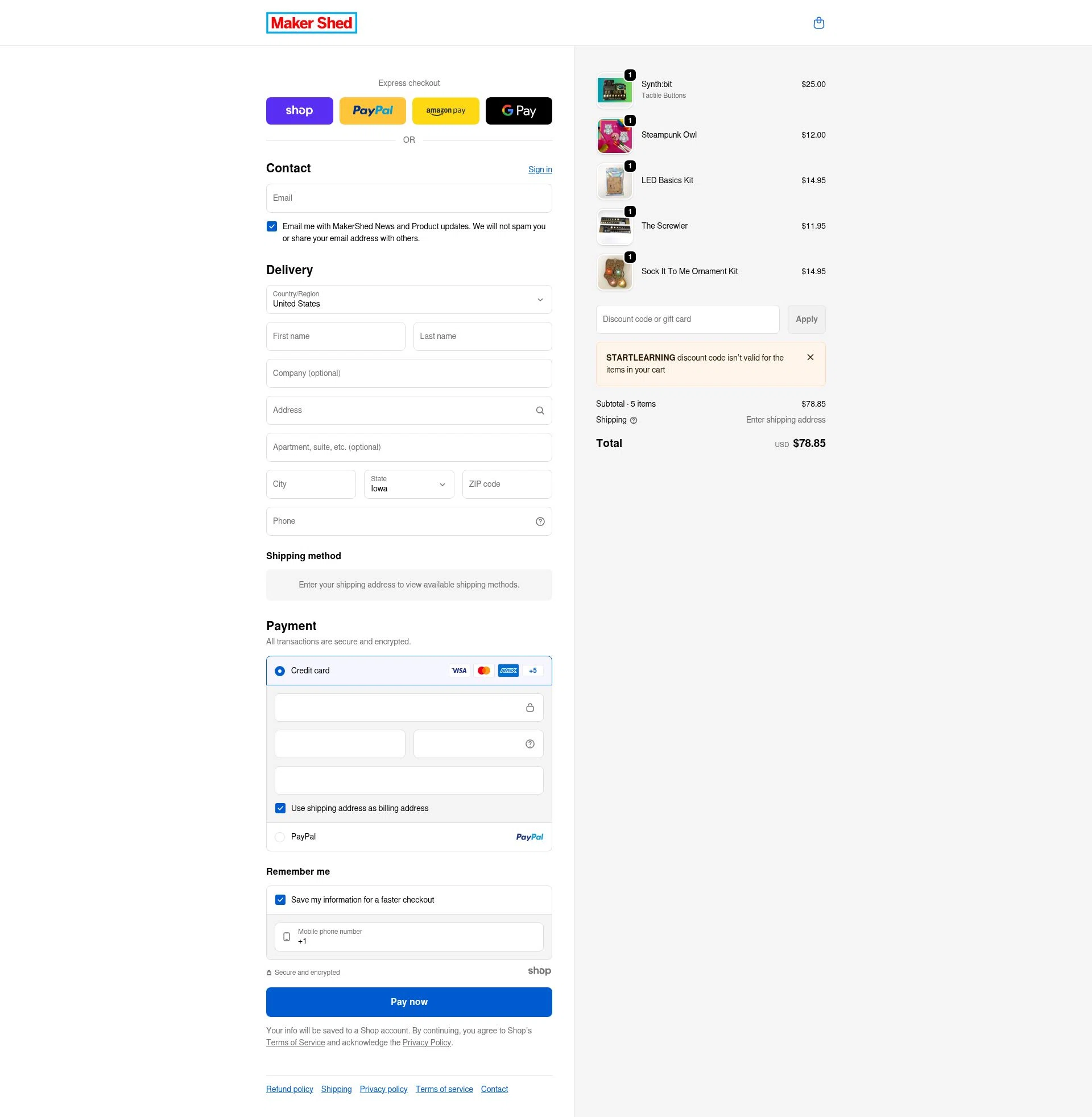 Maker Shed checkout page showing Maker Shed promo code box | Screenshot taken by SimplyCodes community member on Dec 27, 2025