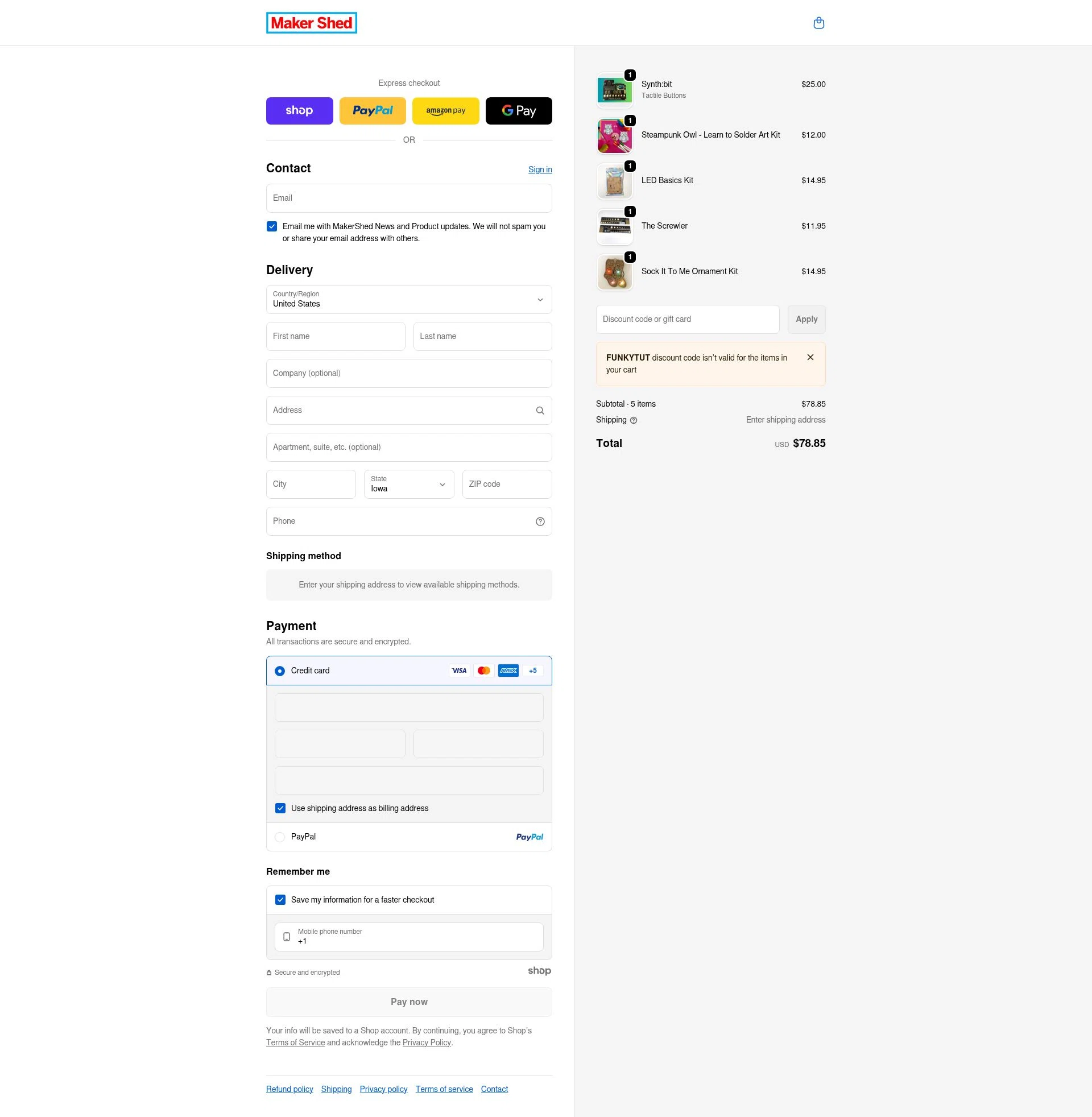 Maker Shed checkout page showing Maker Shed promo code box | Screenshot taken by SimplyCodes community member on Jan 1, 2026