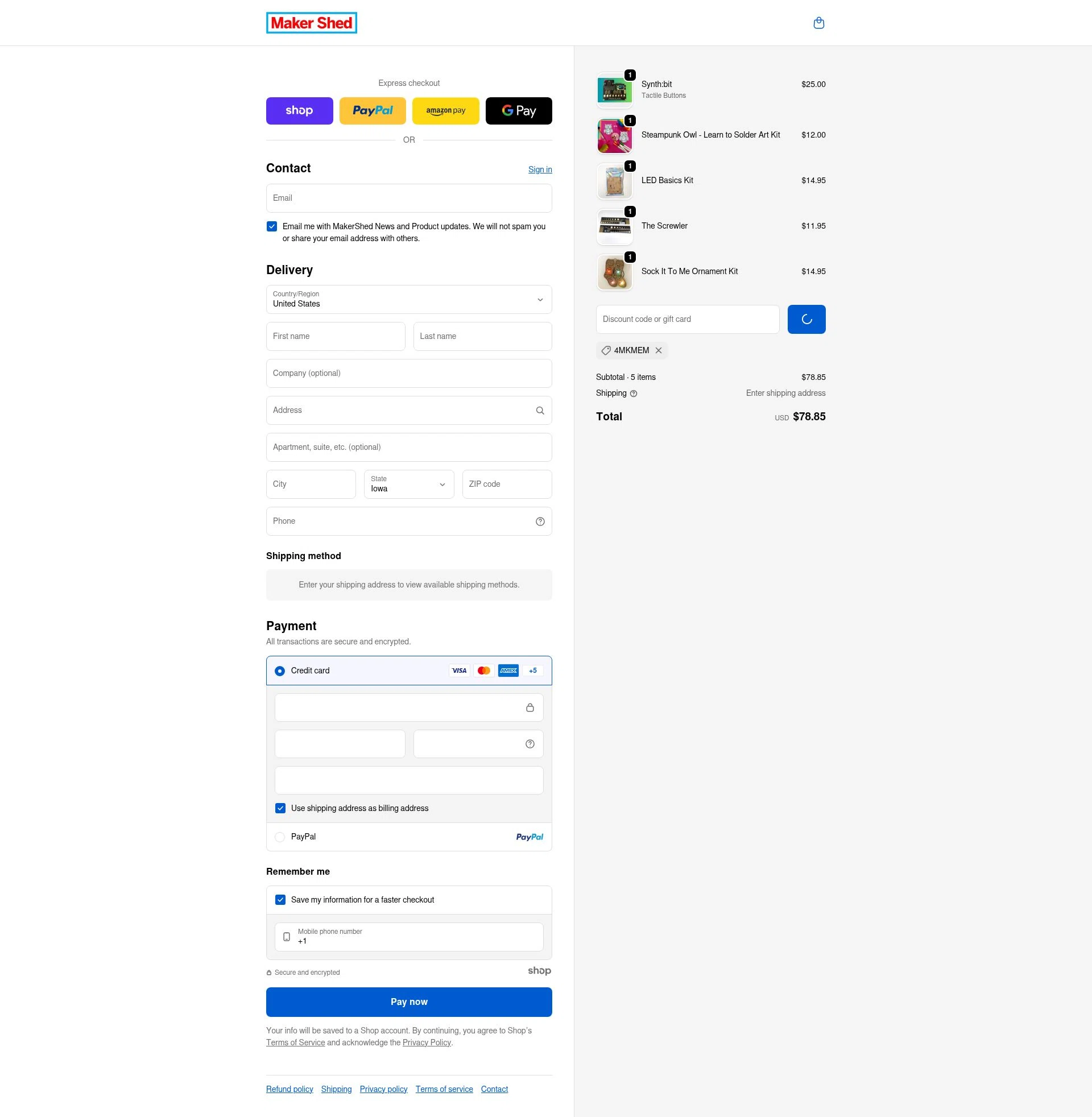 Maker Shed checkout page showing Maker Shed promo code box | Screenshot taken by SimplyCodes community member on Jan 1, 2026
