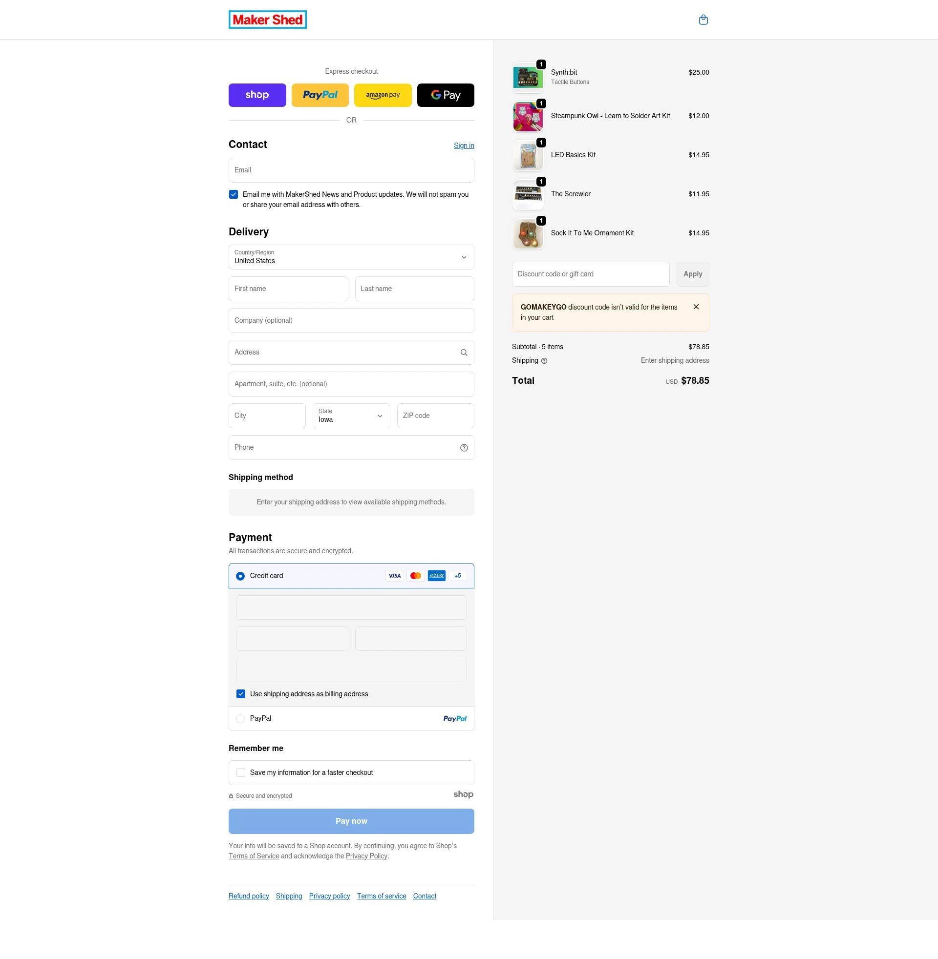 Maker Shed checkout page showing Maker Shed promo code box | Screenshot taken by SimplyCodes community member on Jan 1, 2026