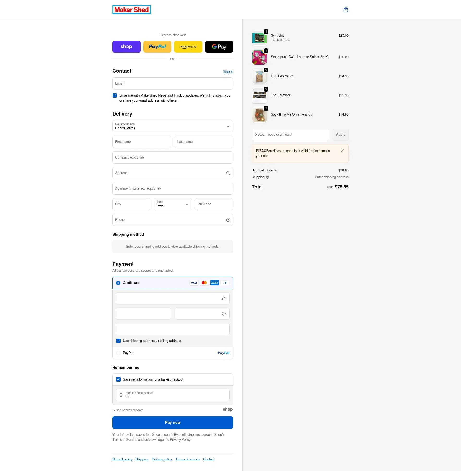 Maker Shed checkout page showing Maker Shed promo code box | Screenshot taken by SimplyCodes community member on Jan 1, 2026