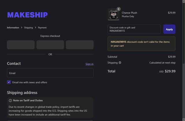 Makeship checkout page showing Makeship discount code box | Screenshot taken by SimplyCodes community member on Sep 9, 2025