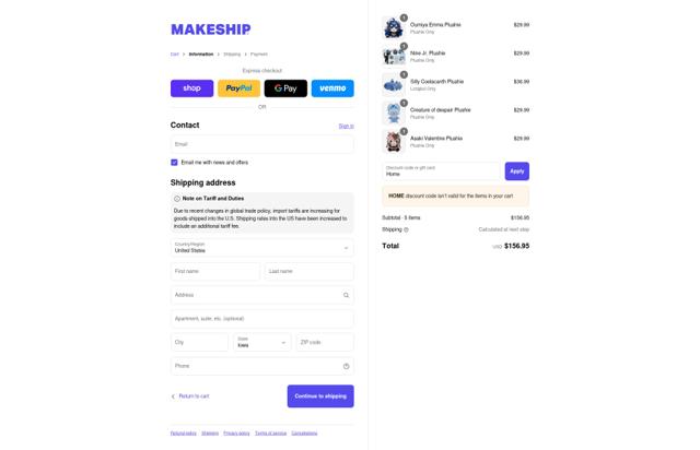 Makeship checkout page showing Makeship discount code box | Screenshot taken by SimplyCodes community member on Sep 13, 2025