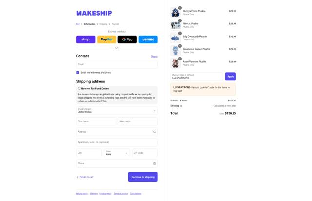Makeship checkout page showing Makeship discount code box | Screenshot taken by SimplyCodes community member on Sep 13, 2025