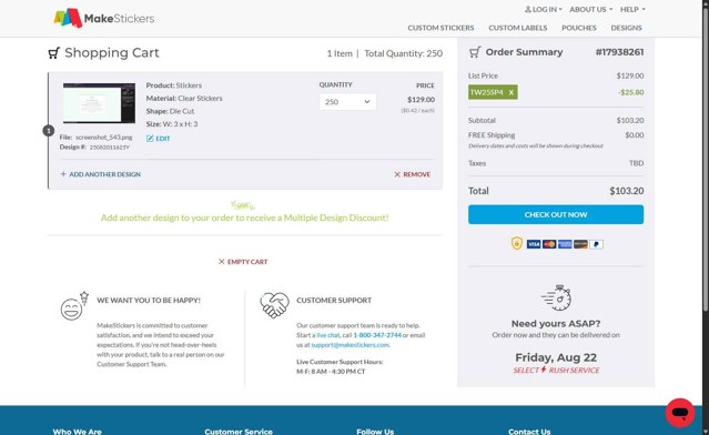 MakeStickers checkout page showing MakeStickers promo code box | Screenshot taken by SimplyCodes community member on Aug 20, 2025
