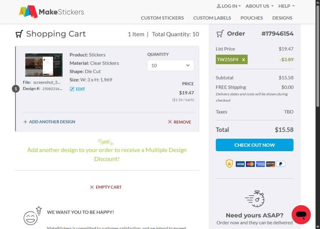 MakeStickers checkout page showing MakeStickers promo code box | Screenshot taken by SimplyCodes community member on Aug 22, 2025