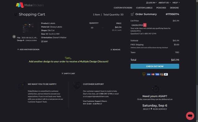 MakeStickers checkout page showing MakeStickers promo code box | Screenshot taken by SimplyCodes community member on Sep 4, 2025