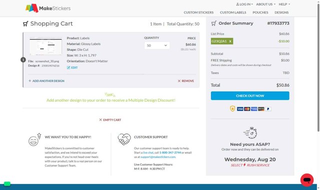 MakeStickers checkout page showing MakeStickers promo code box | Screenshot taken by SimplyCodes community member on Aug 19, 2025
