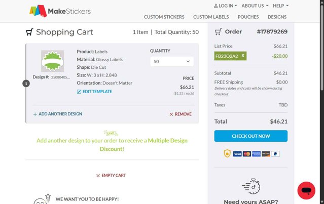 MakeStickers checkout page showing MakeStickers promo code box | Screenshot taken by SimplyCodes community member on Aug 4, 2025