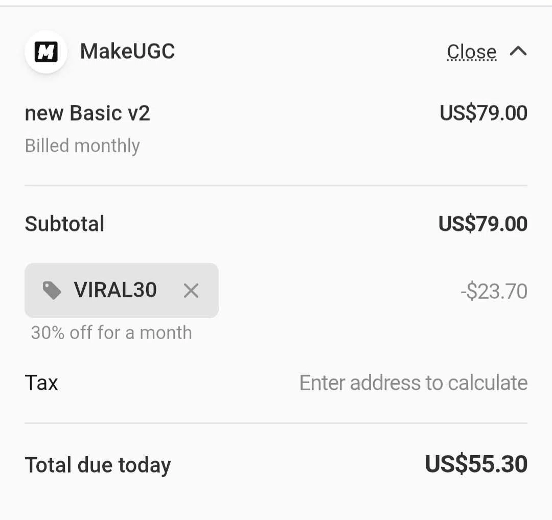 MakeUGC promo code screenshot showing code VIRAL30 applied at MakeUGC checkout page. Uploaded by SimplyCodes community member Celebrity on Oct 27, 2025