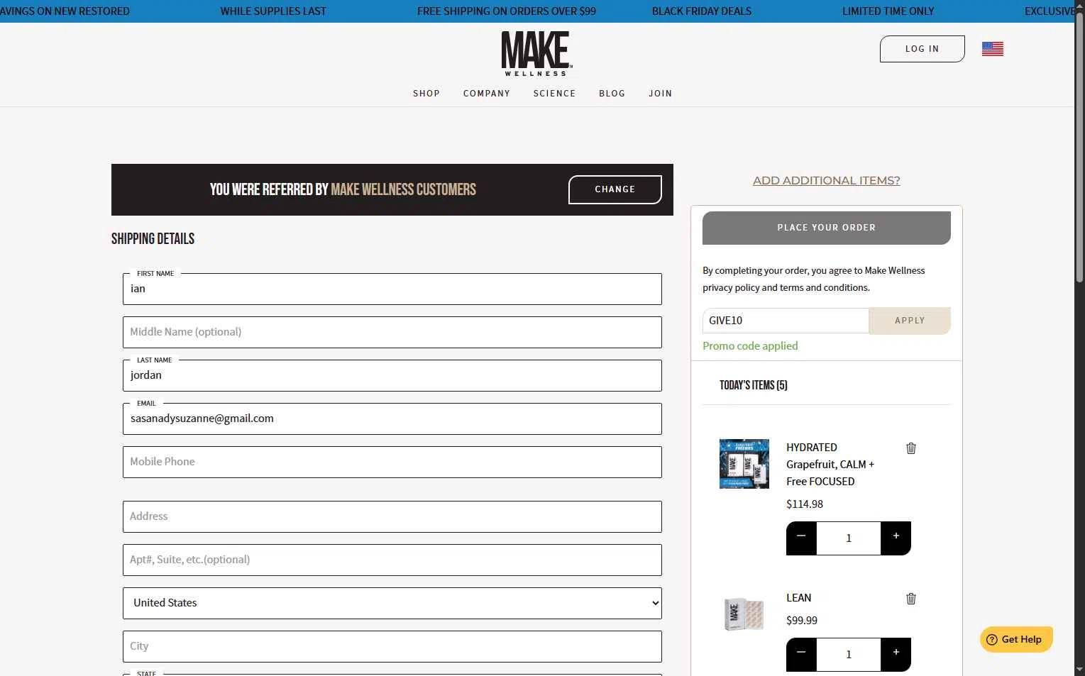 MAKE Wellness checkout page showing MAKE Wellness promo code box | Screenshot taken by SimplyCodes community member on Nov 30, 2025