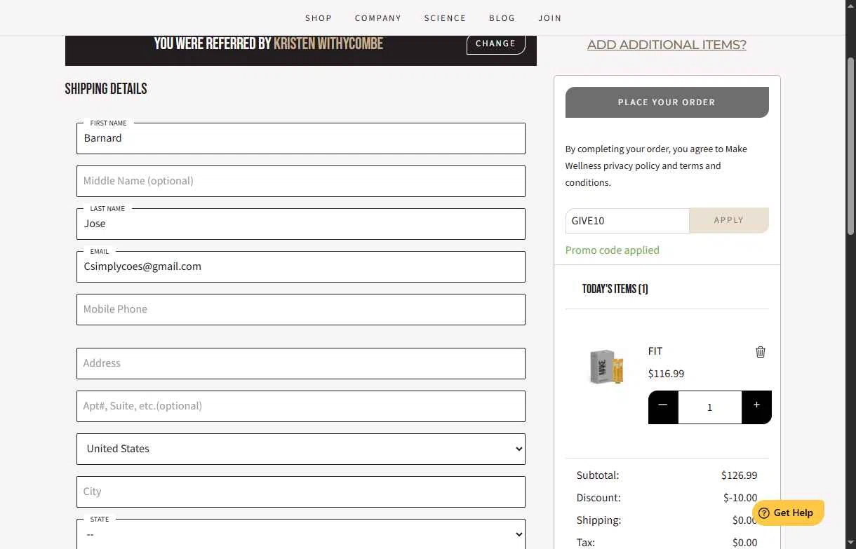 MAKE Wellness checkout page showing MAKE Wellness promo code box | Screenshot taken by SimplyCodes community member on Oct 21, 2025
