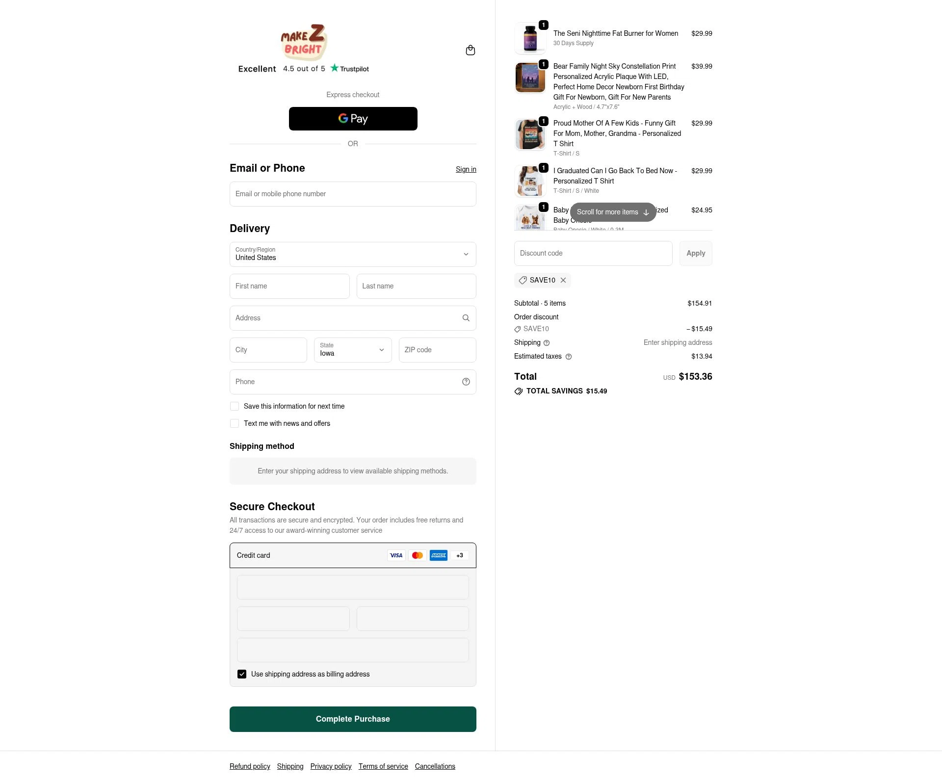 MakezBright checkout page showing MakezBright discount code box | Screenshot taken by SimplyCodes community member on Feb 7, 2026