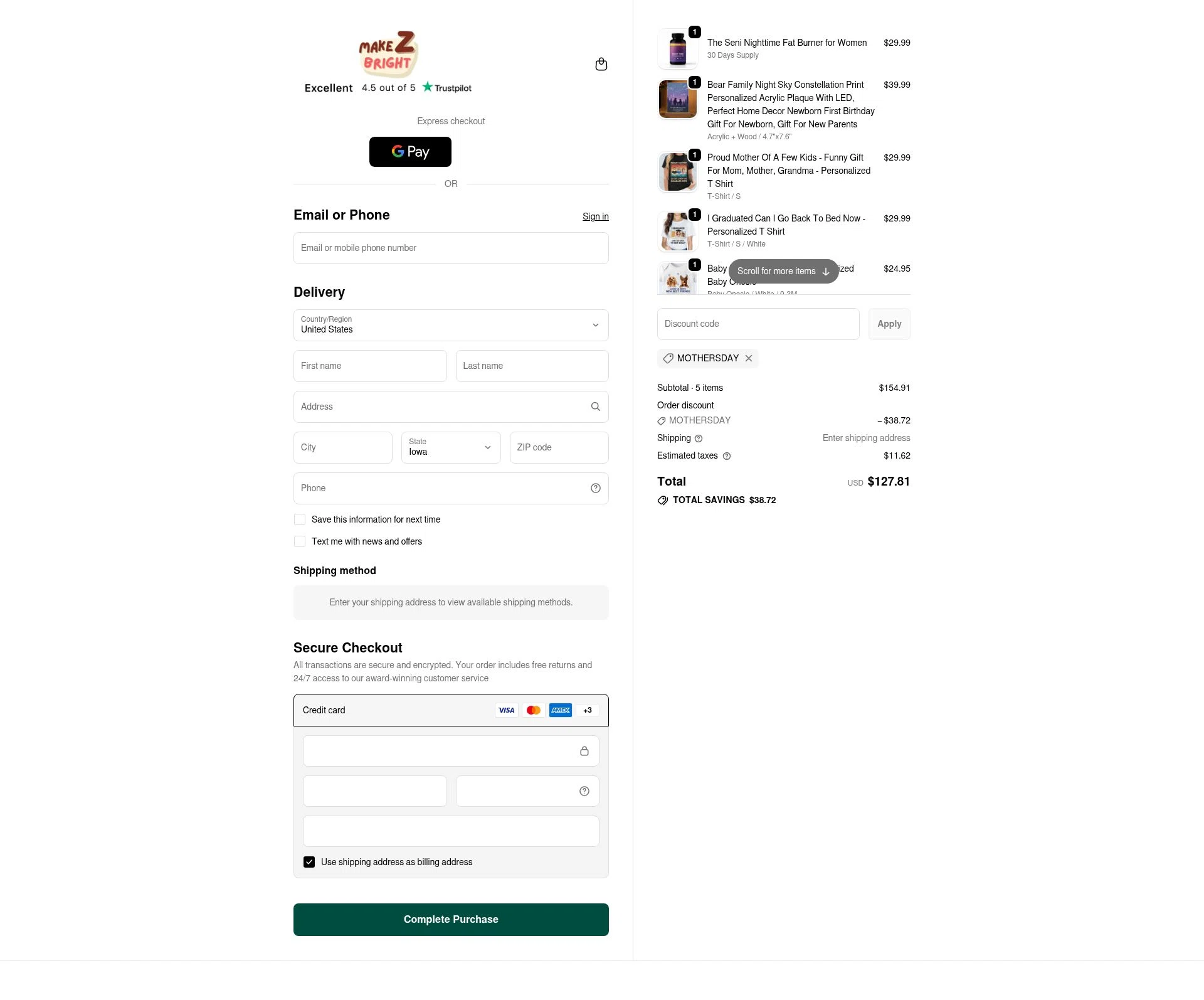 MakezBright checkout page showing MakezBright discount code box | Screenshot taken by SimplyCodes community member on Feb 7, 2026