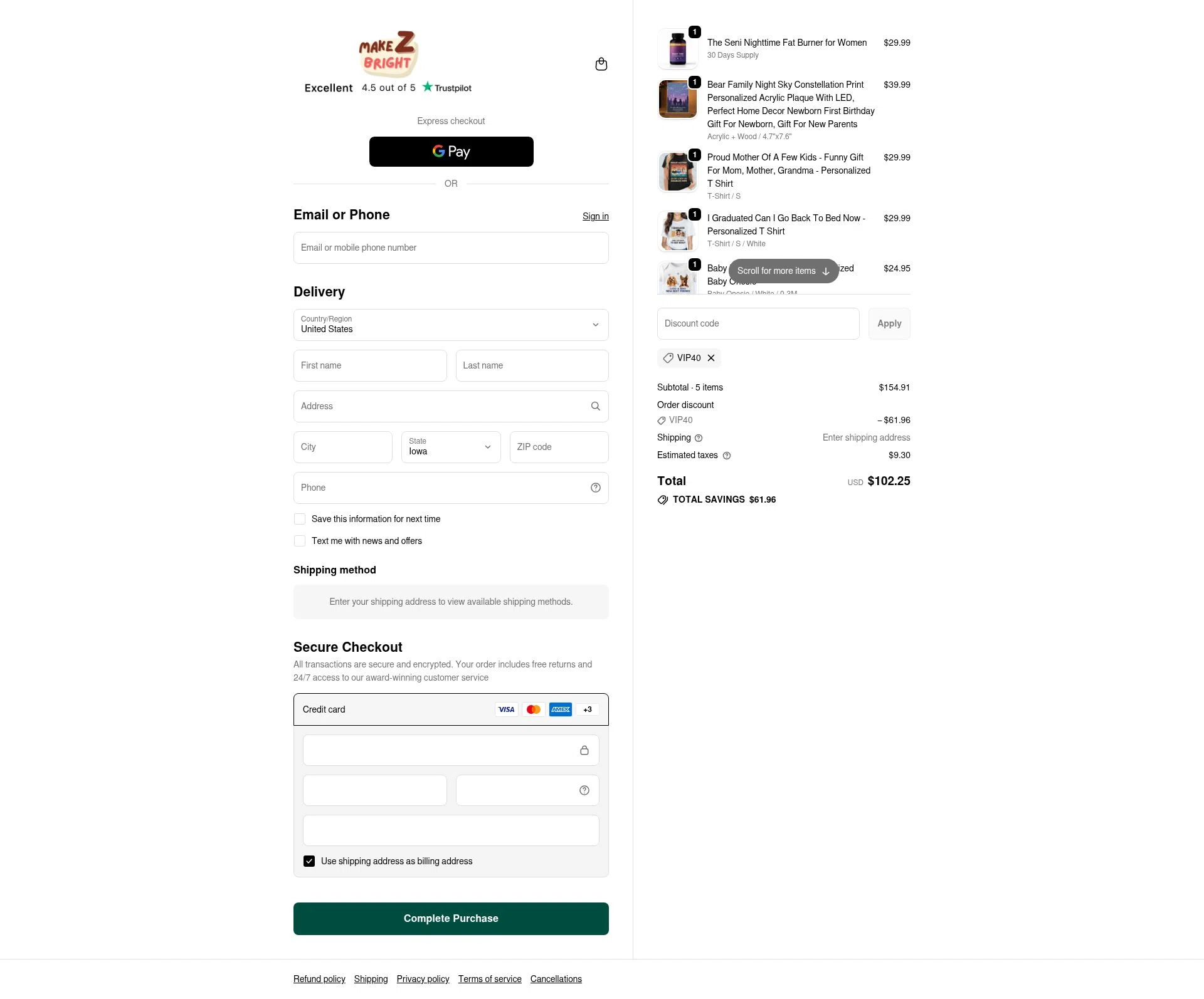 MakezBright checkout page showing MakezBright discount code box | Screenshot taken by SimplyCodes community member on Feb 7, 2026