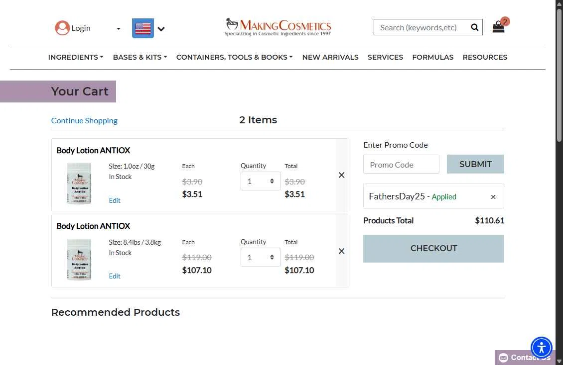 MakingCosmetics checkout page showing MakingCosmetics promo code box | Screenshot taken by SimplyCodes community member on Jun 14, 2025