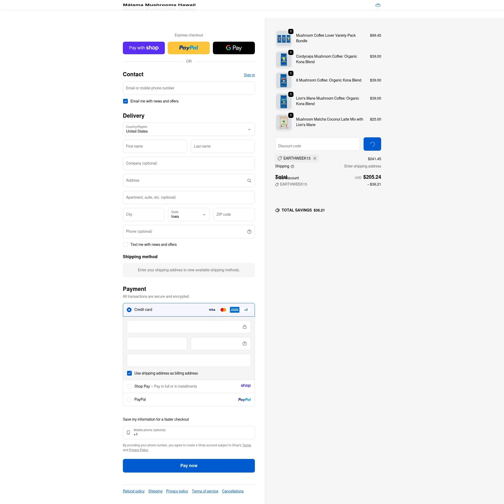 Malama Mushrooms checkout page showing Malama Mushrooms discount code box | Screenshot taken by SimplyCodes community member on Jan 9, 2026