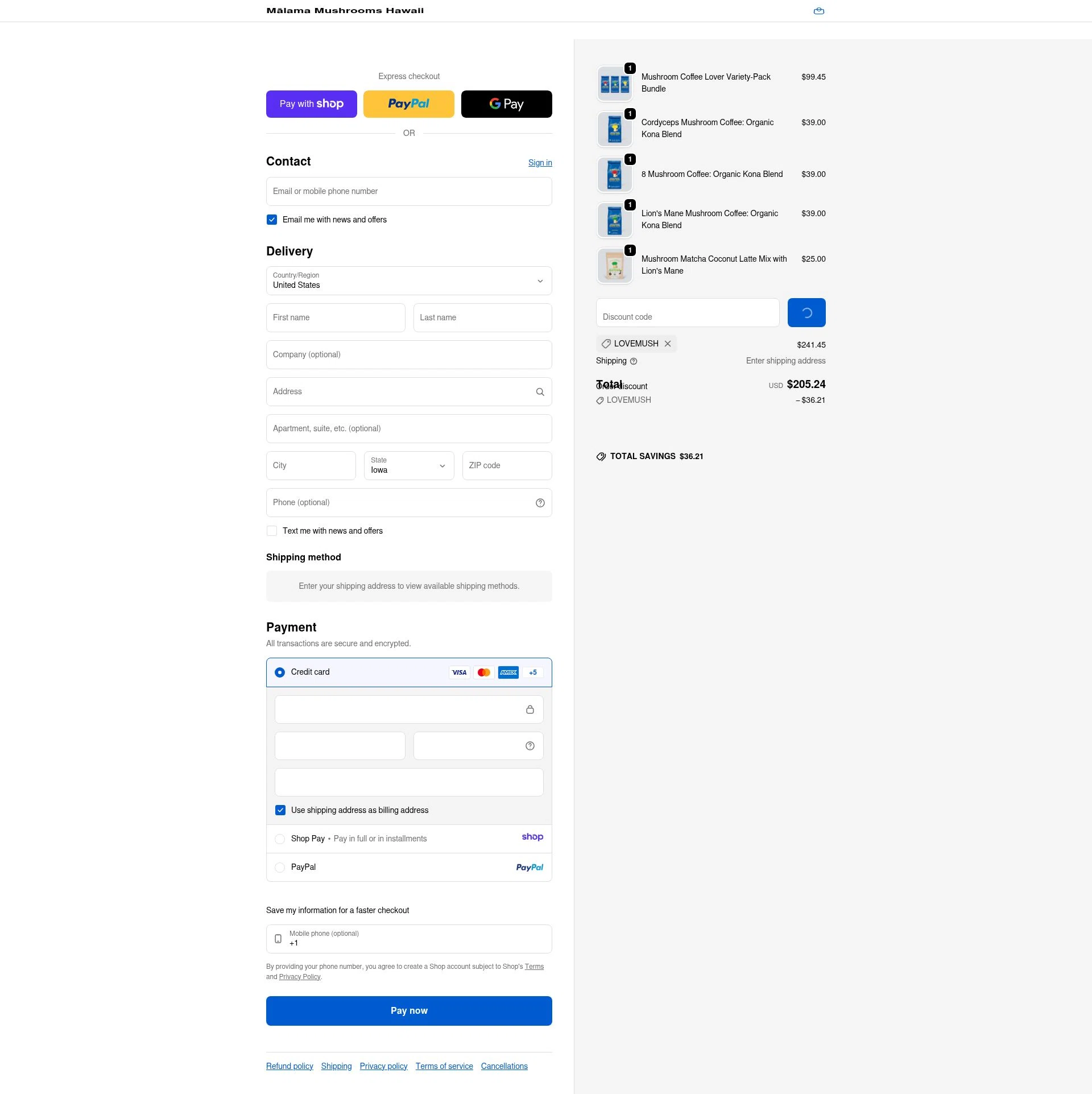 Malama Mushrooms checkout page showing Malama Mushrooms discount code box | Screenshot taken by SimplyCodes community member on Jan 9, 2026