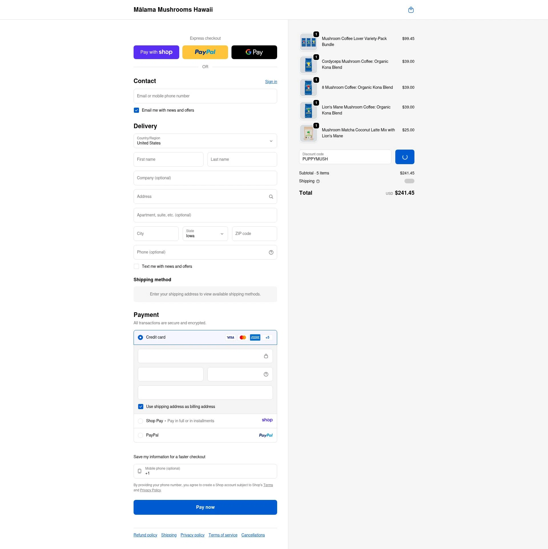 Malama Mushrooms checkout page showing Malama Mushrooms discount code box | Screenshot taken by SimplyCodes community member on Jan 9, 2026