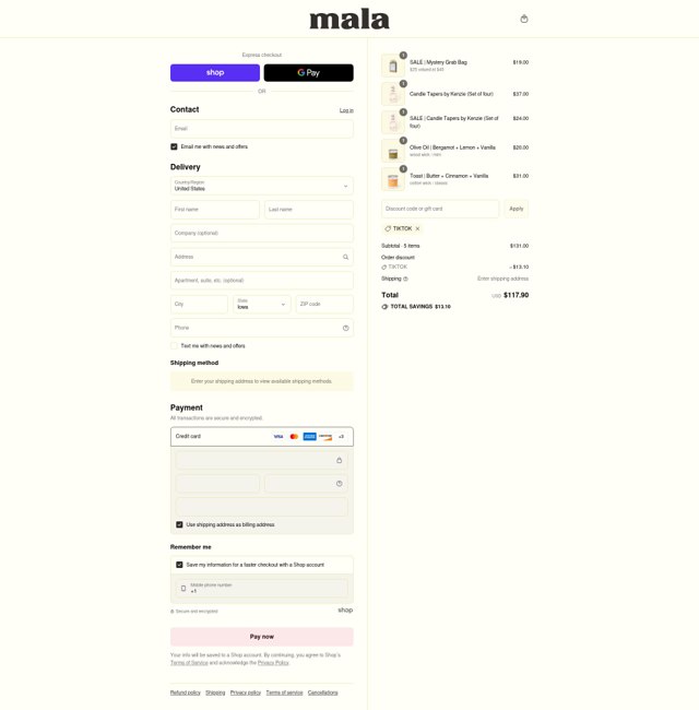 Mala the Brand checkout page showing Mala the Brand discount code box | Screenshot taken by SimplyCodes community member on Sep 3, 2025