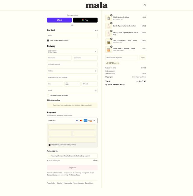 Mala the Brand checkout page showing Mala the Brand discount code box | Screenshot taken by SimplyCodes community member on Sep 3, 2025