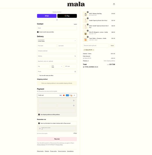 Mala the Brand checkout page showing Mala the Brand discount code box | Screenshot taken by SimplyCodes community member on Sep 3, 2025