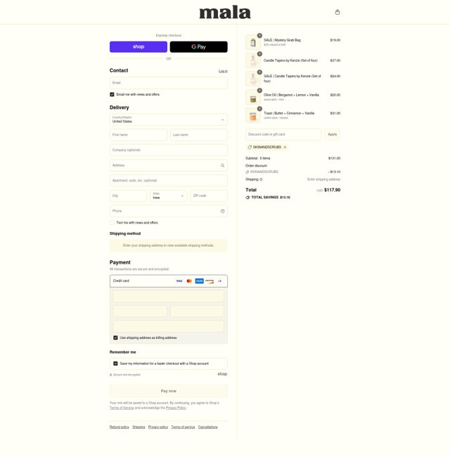 Mala the Brand checkout page showing Mala the Brand discount code box | Screenshot taken by SimplyCodes community member on Sep 3, 2025