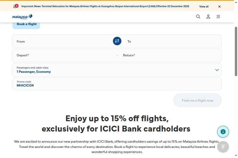 Malaysia Airlines checkout page showing Malaysia Airlines promo code box | Screenshot taken by SimplyCodes community member on Jan 28, 2026