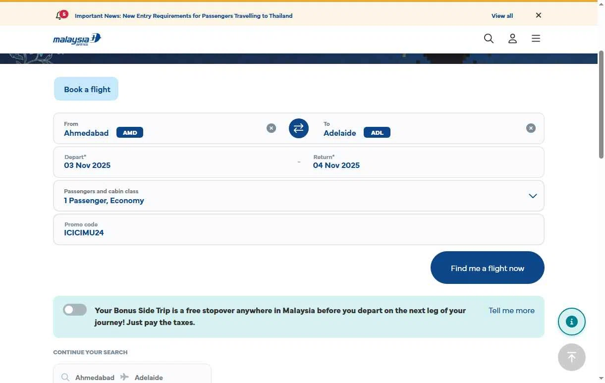 Malaysia Airlines checkout page showing Malaysia Airlines promo code box | Screenshot taken by SimplyCodes community member on Oct 27, 2025