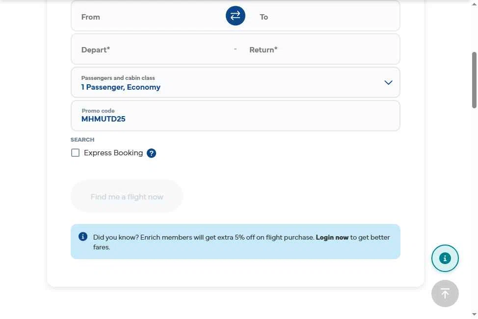 Malaysia Airlines checkout page showing Malaysia Airlines promo code box | Screenshot taken by SimplyCodes community member on Dec 16, 2025