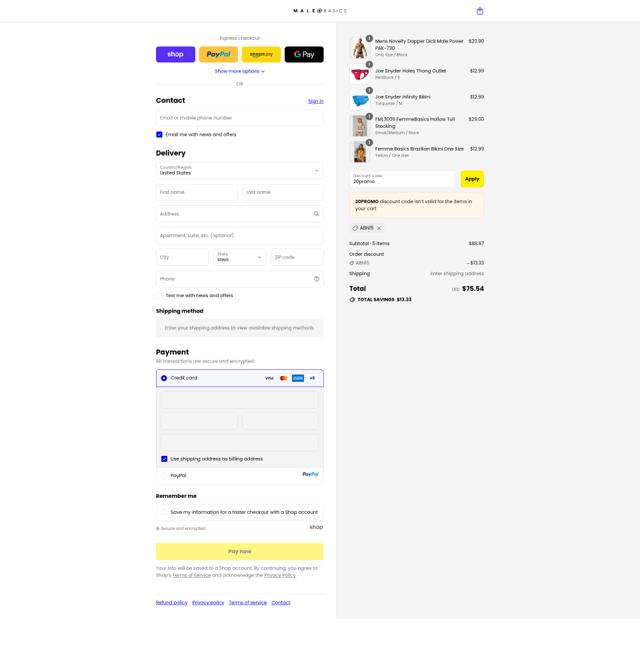 Malebasics checkout page showing Malebasics coupon code box | Screenshot taken by SimplyCodes community member on Sep 10, 2025