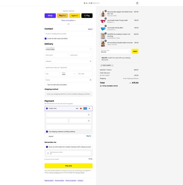Malebasics checkout page showing Malebasics coupon code box | Screenshot taken by SimplyCodes community member on Sep 10, 2025